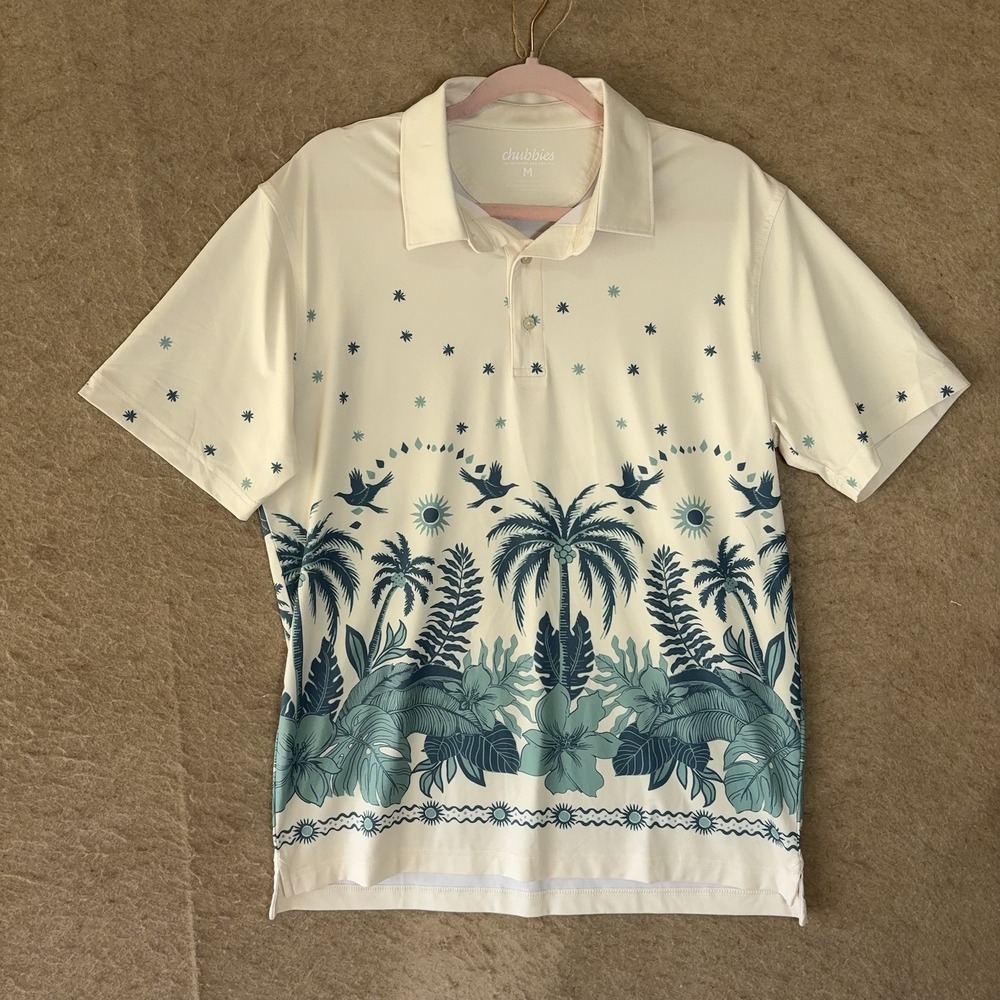 Chubbies Polo Shirt Mens Sz M Blue‎ Palm Trees Foliage Stretch